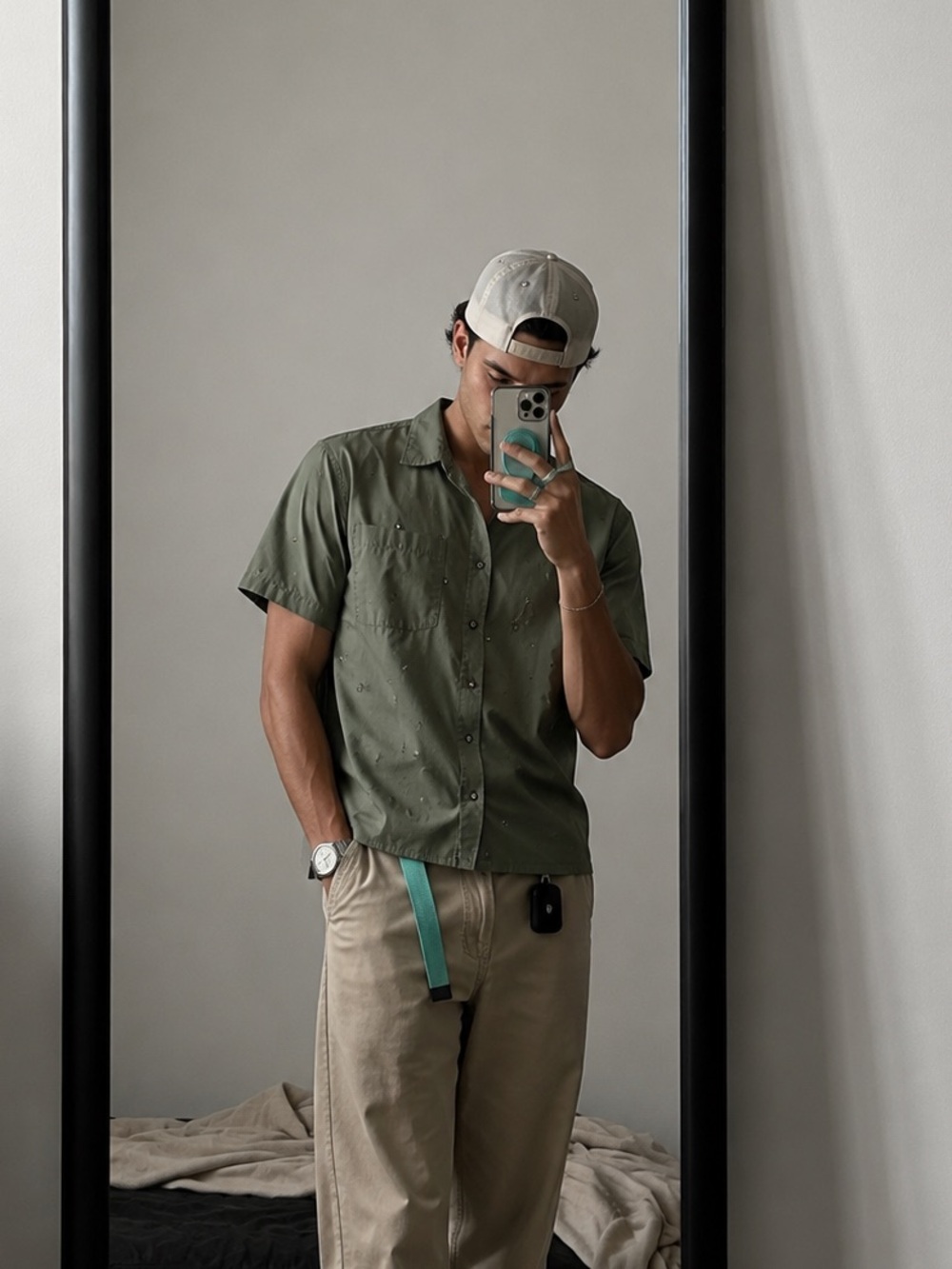 VISSLA Olive Short-Sleeve Button-Down with Tiny Dot Print